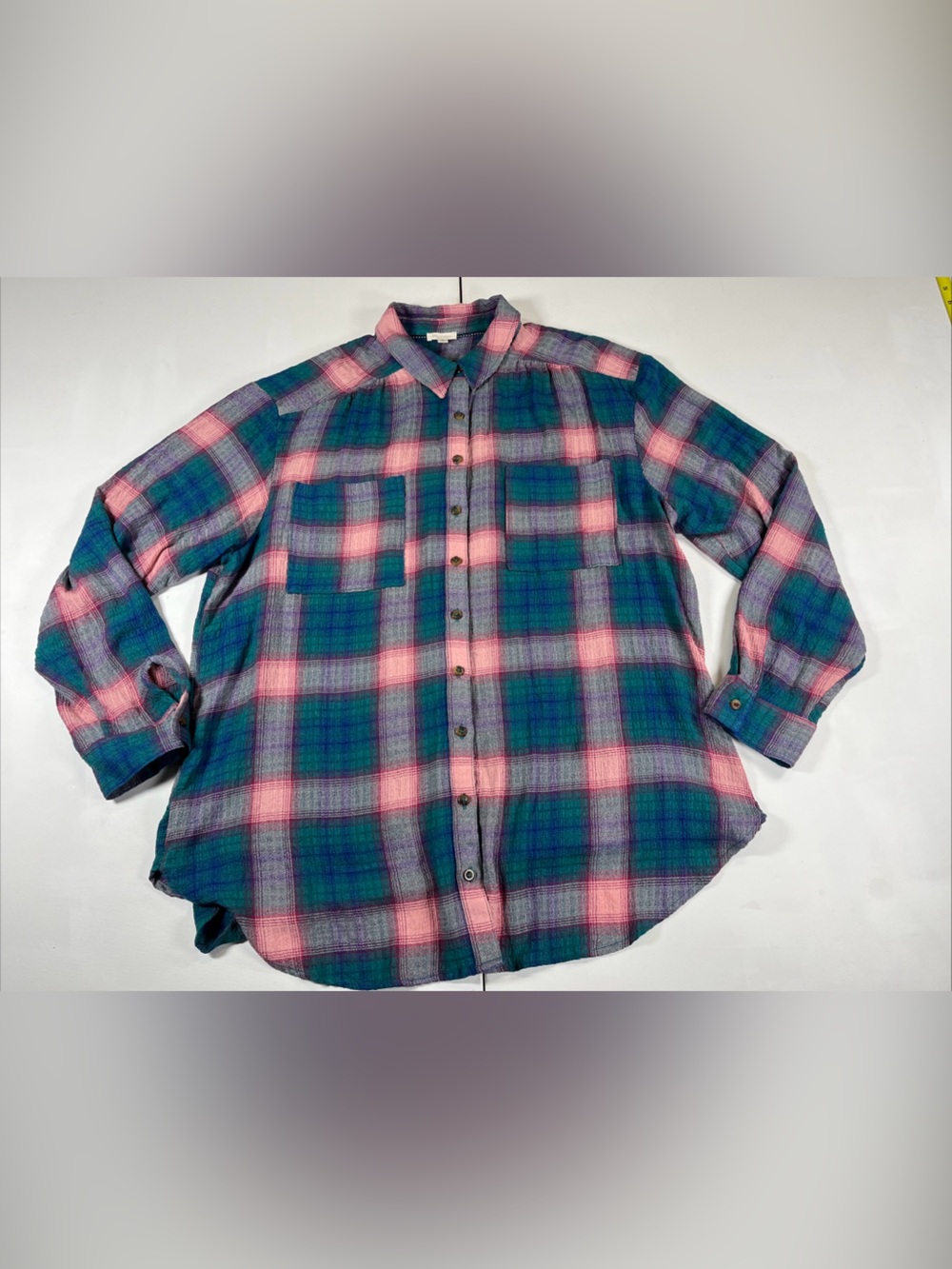 PILCRO The Hadley Relaxed Button Shirt Pink Green Plaid Lightweight Boho Size XL